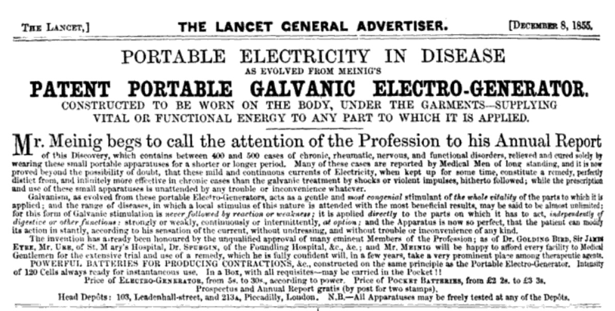 Advert for Meinig's patent portable galvanic electro-generator in The Lancet, 8th December 1855