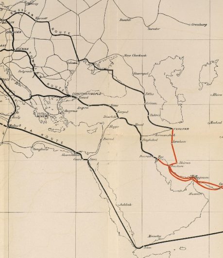 1870 Sketch Map of Telegraph Routes to India by Alfred Brasher.