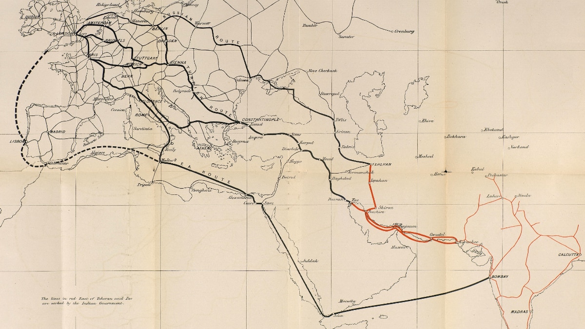 1870 Sketch Map of Telegraph Routes to India by Alfred Brasher.