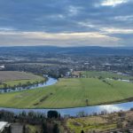 View from the top of the Wallace Monument looking south across the meandering River Forth towards Stirling and the castle.