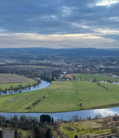 View from the top of the Wallace Monument looking south across the meandering River Forth towards Stirling and the castle.