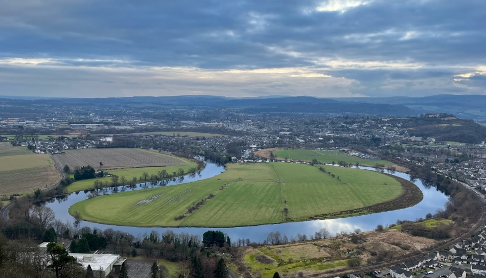 View from the top of the Wallace Monument looking south across the meandering River Forth towards Stirling and the castle.